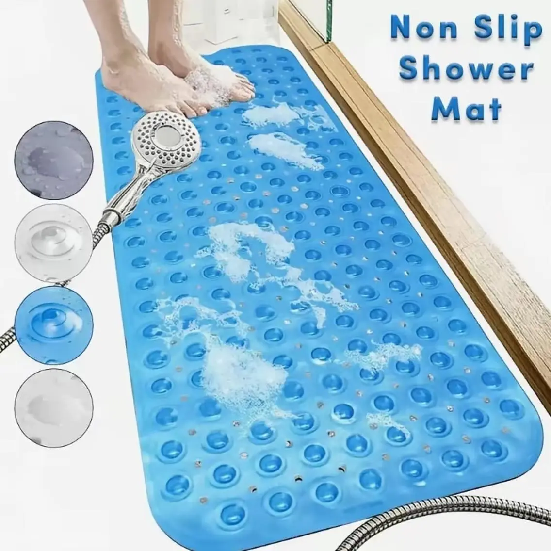 40X16Inch Non Slip Bathtub Mat With Suction Cups,Large PVC Shower Mat For Bathroom Floor,Machine Washable Bath Mat With Drain Holes,Waterproof Rubber Tub Mat For Kids And Elderly,Mold Resistant Bathroom Accessories,Home Essentials In Blue Black Gray Clear