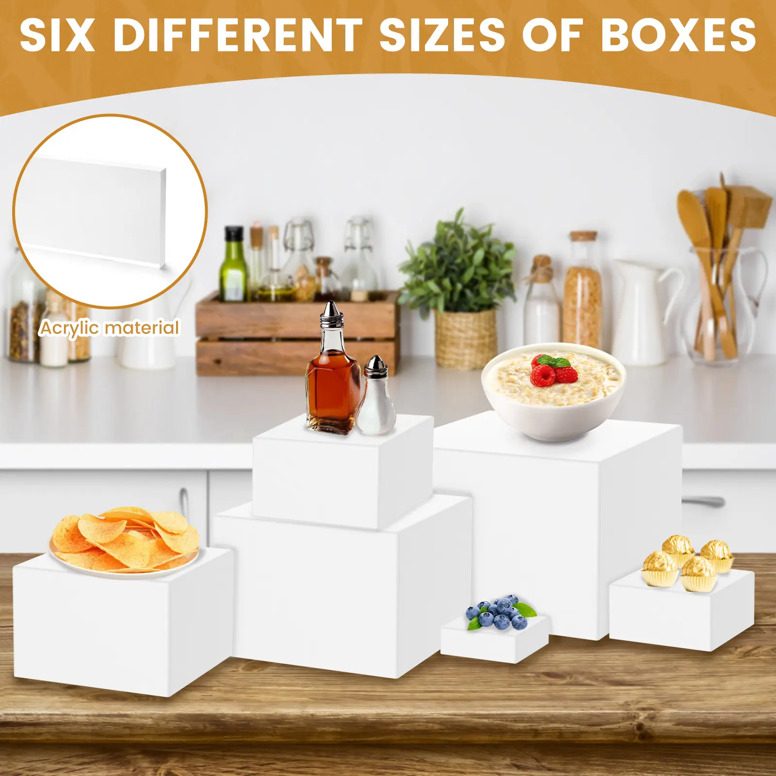3/6 Counts  Acrylic Box with Hollow Bottom 6 Different Sizes(3+4+5+6+7+8inch) Buffet Risers Stackable Buffet Stands Reusable Food Stands Multifunctional Food Display Risers for Party Buffet Table, Summervibes