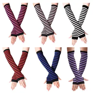 6 Pairs Long Fingerless Arm Warmers for Women, Striped, Punk/Gothic Rock/Y2K Emo Scene
