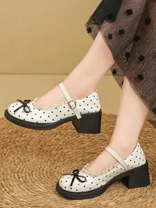 French Vintage High Heel Mary Jane Shoes Women, Spring 2026 New Bow Lace Round Toe PU Leather Flats, Cute Style All Seasons