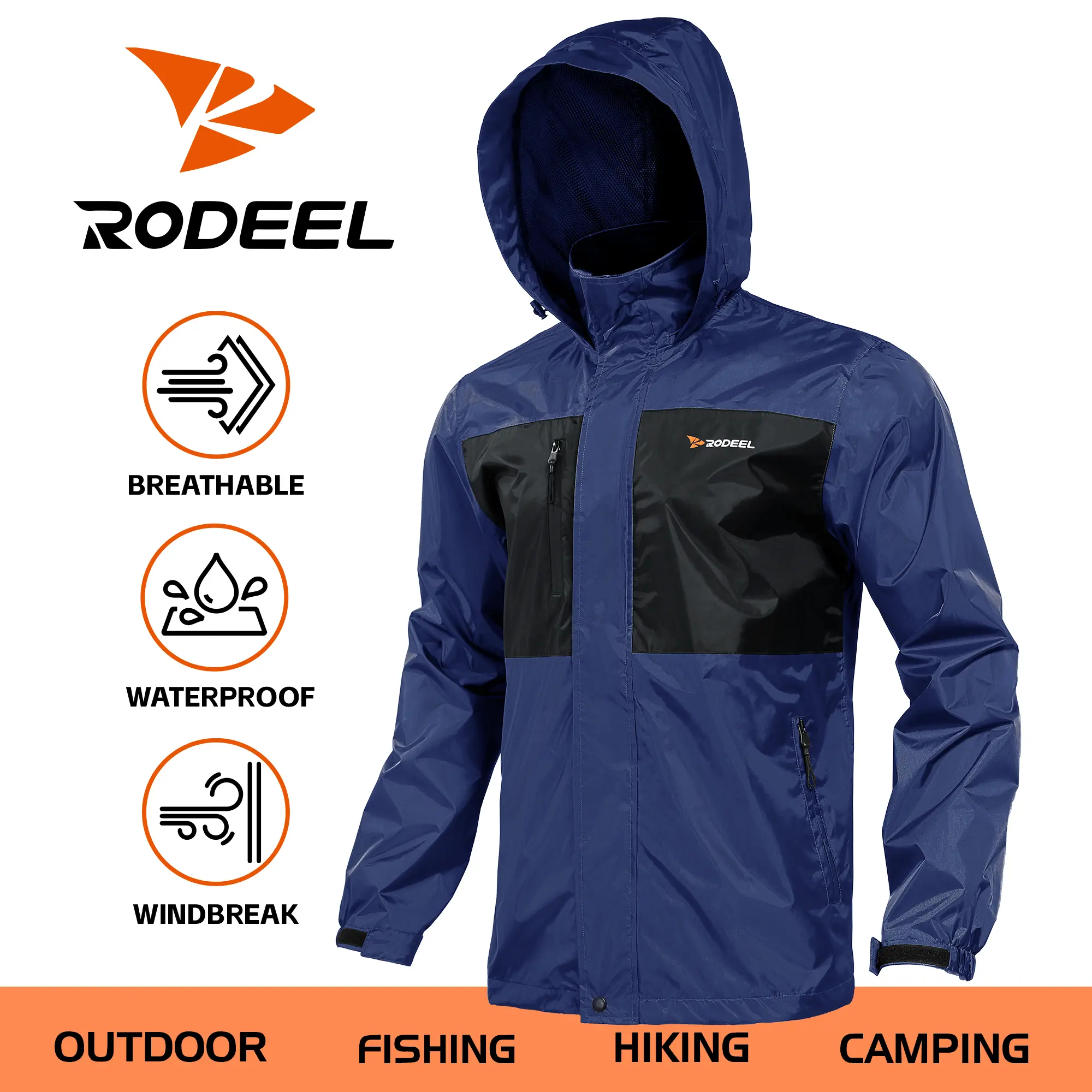 【RODEEL】722 Waterproof Jacket Men Lightweight Breathable Full Zip Hooded Rainwear Durable Rain Coat Weatherproof For Outdoor Hiking Camping Fishing Boating Construction Landscaping Gardening Workwear Menswear SummerWins