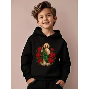 Boys' And Girls' Catholic Religious Hooded Sweatshirt - Red & Golden Mary & Jesus Christ Design with Spanish Text, Winter Jacket, Soft Warm Pullover for School, Church, Everyday Outfits - Youth Sizes Available, Christmas Clothes For Boys