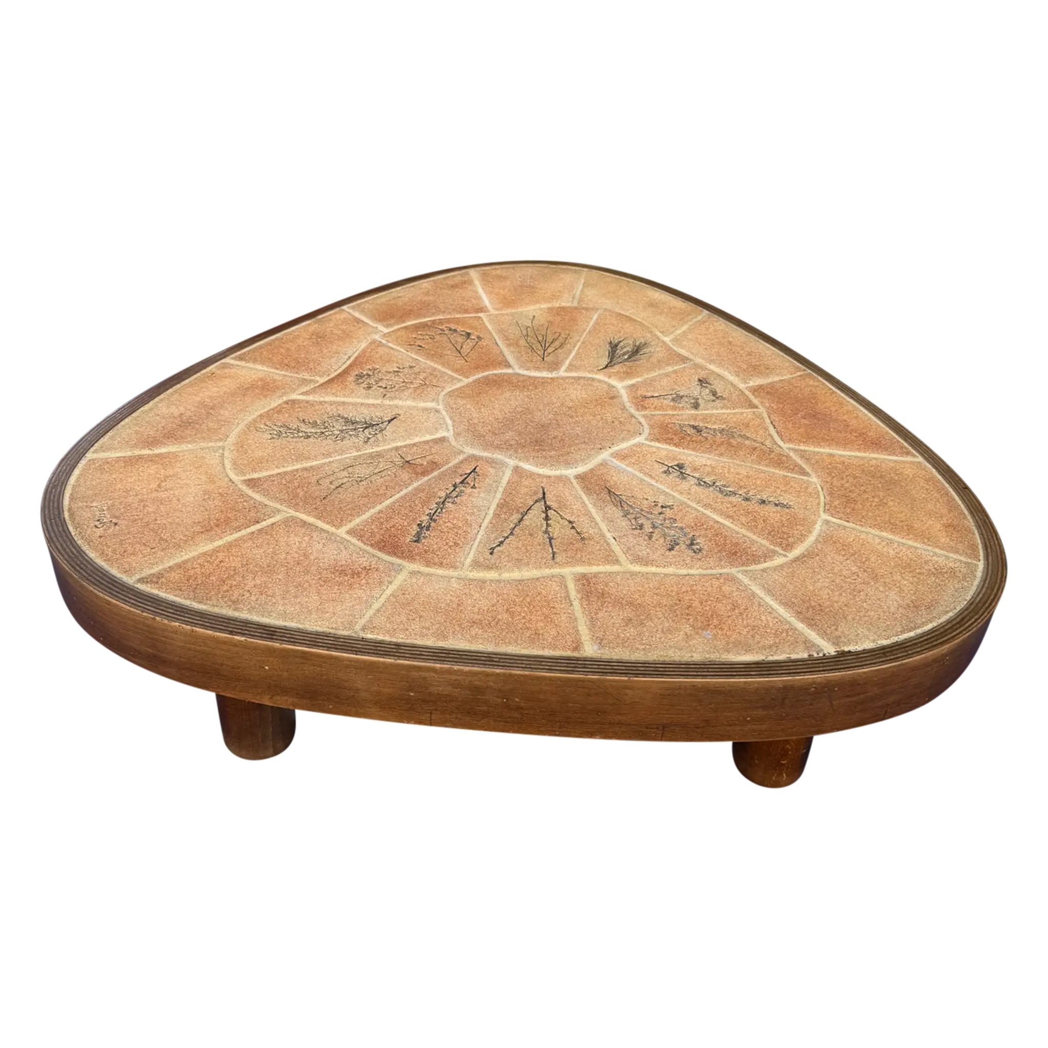 Triangular Botanical Tile Top Coffee Table, Signed Barrois