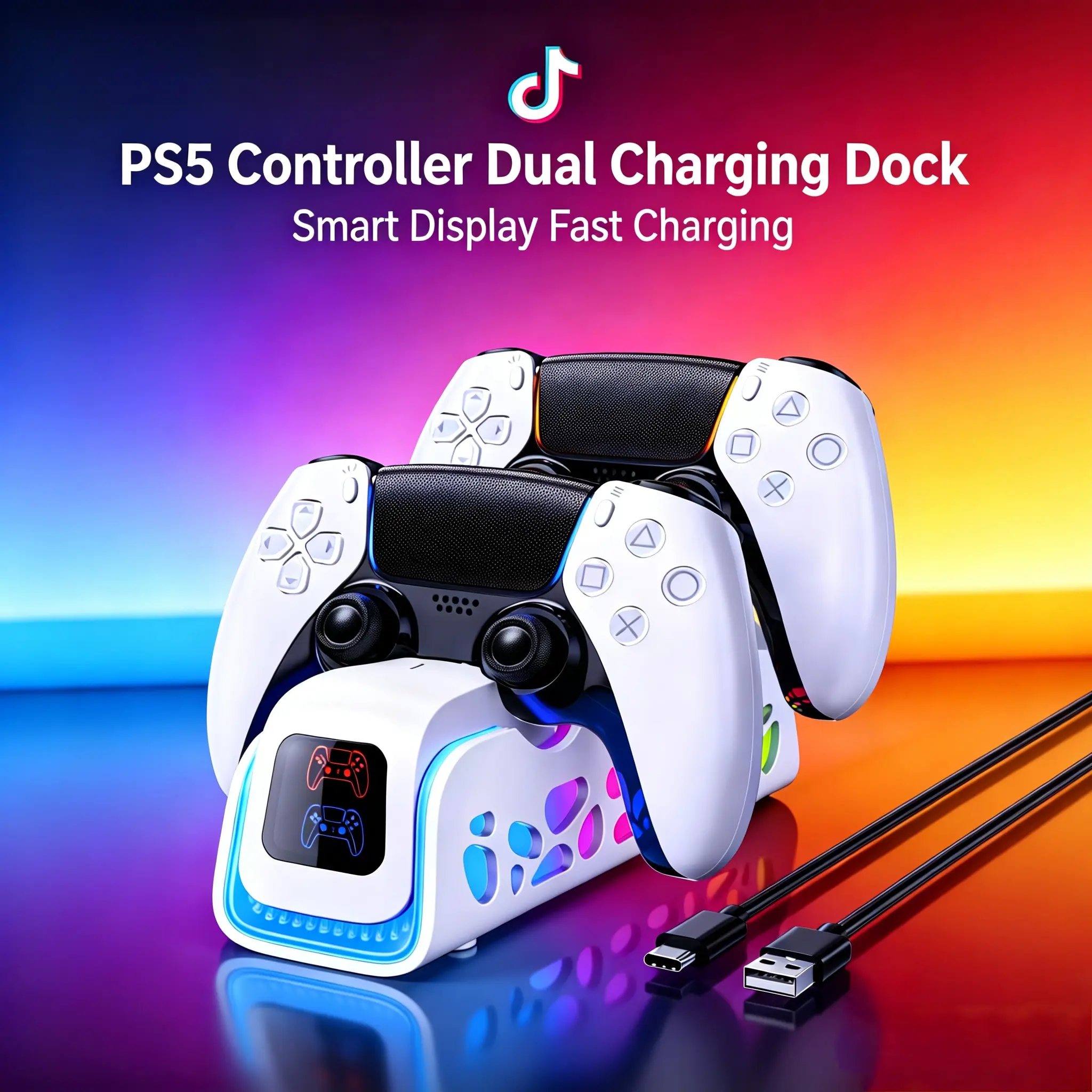 Ukor PS5 Controller Fast Charging Stone Charging Dock: Charges two controllers simultaneously, features six RGB lighting modes, includes overcharge protection, and is compatible with DualSense and DualSense Edge controllers