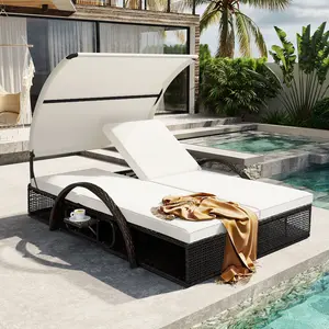 [Bellemave] Outdoor Double Sunbed| Chaise Lounge| Steel Frame Sun Lounger with Canopy| Adjustable Backrest| Wicker with Side Table