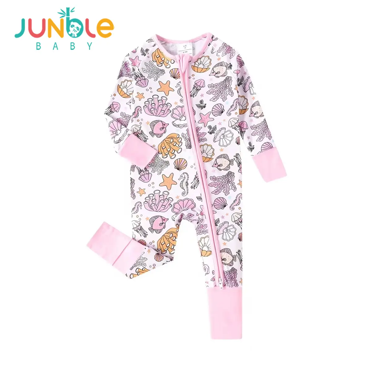 JUNBLEBABY Snug-Fitting Baby Girl Romper Outfit, Premium Soft Bamboo Blend Pink Ocean Shell, Seahorse & Turtle Print Pajamas, Long-Sleeve Convertible Footie with 2-Way Zipper, Prop 65 Safe Mermaid Sleepwear