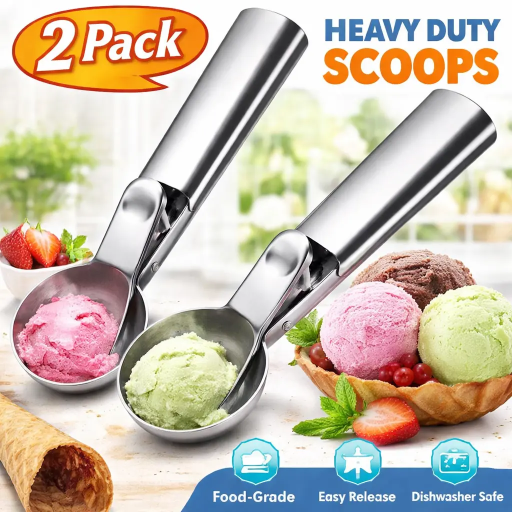 Sturdy 2pcs Stainless Steel Ice Cream Scoop Set with Trigger Release - Ergonomic Comfort-Grip Handle, Hanging Feature - Dishwasher Safe Kitchen Utensil for DIY Ice Cream, Fruit
