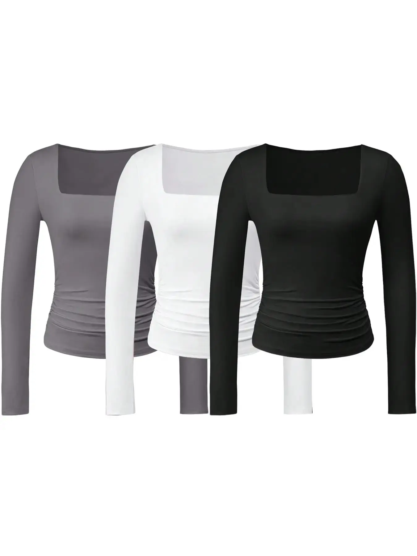 Women's Plain Ruched Square Neck Tee, Casual Classy Fit Long Sleeve T-shirt for Spring & Fall, Women's Top for Daily Wear
