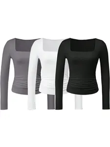 Women's Plain Ruched Square Neck Tee, Casual Classy Long Sleeve T-shirt for Spring & Fall, Women's Top for Daily Wear
