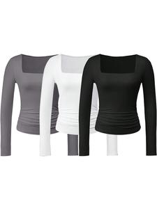 women's plain ruched square neck tee, slim fit aesthetic casual classy long sleeve t-shirt for spring & fall, lady top for daily wear, womenswear, tshirt