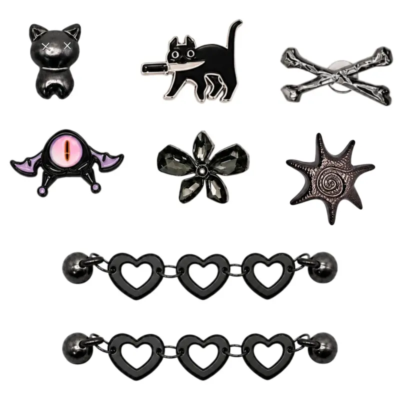 8PCS Gothic Shoe Charms Set, Dark Y2K Black Resin Clog Charms with Heart Chains, Cat, Bat Eye, Bone, Rhinestone Flower and Starfish Shoe Decorations for Clogs Sandals