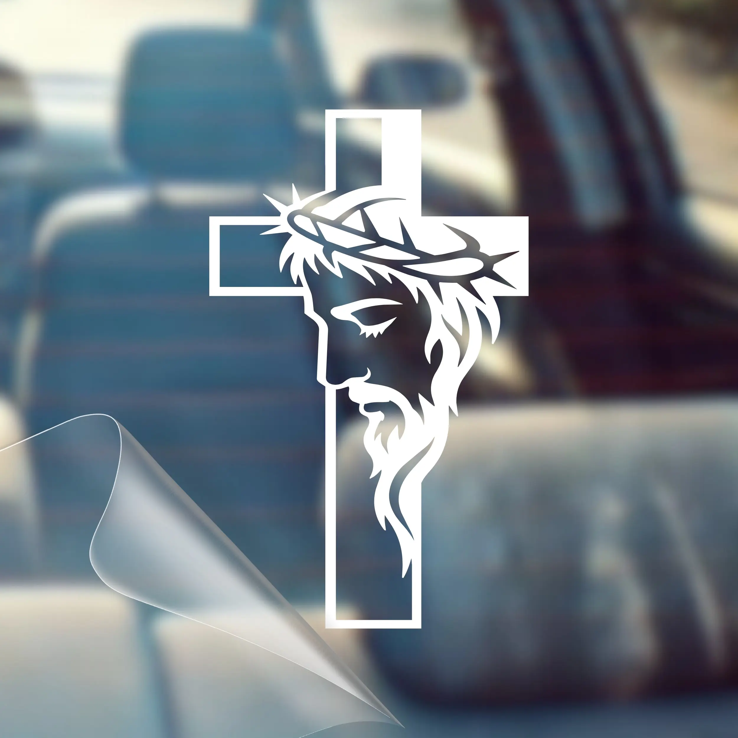 Cross With Jesus Face - Christian Car Decal Sticker – Made in USA, Waterproof Oracal 651 Vinyl