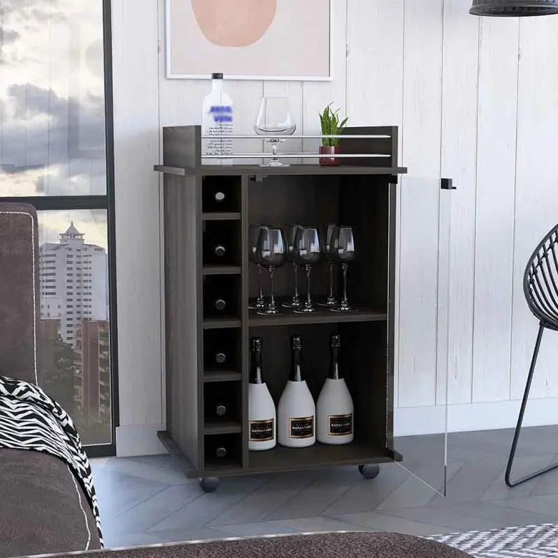 Modern Rolling Bar Cart with 6 Wine Cubbies, Lockable Wheels, Glass Door Storage Cabinet, Carbon Espresso Finish Particle Board Liquor Serving Cart