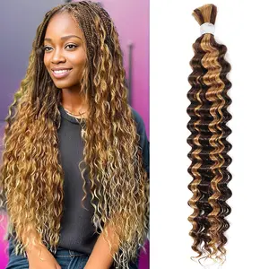 Ombre Braiding Hair P4/27 Human Braiding Hair Deep Wave Honey Blonde Braiding Hair Highlight Bulk Human Hair 10A Brazilian Brown Bariding Hair for Boho Braids