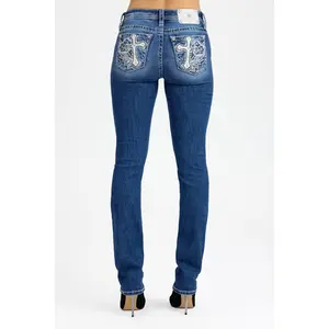 MissMe Kenna Cross Straight Jeans - Mid-Rise Y2K Dark Aesthetic Vintage Straight Leg Denim with Winged Cross Appliqué, Studded Rhinestone Detail, Curve-Enhancing Fit & Leg-Lengthening Proportions