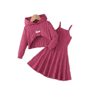 Kid Girls Rib Knitted 2-Piece Clothes Solid Color Hooded Cropped Cardigan + Spaghetti Strap Flare Dress Set Sizes 4-7,Ready Stock 42508044