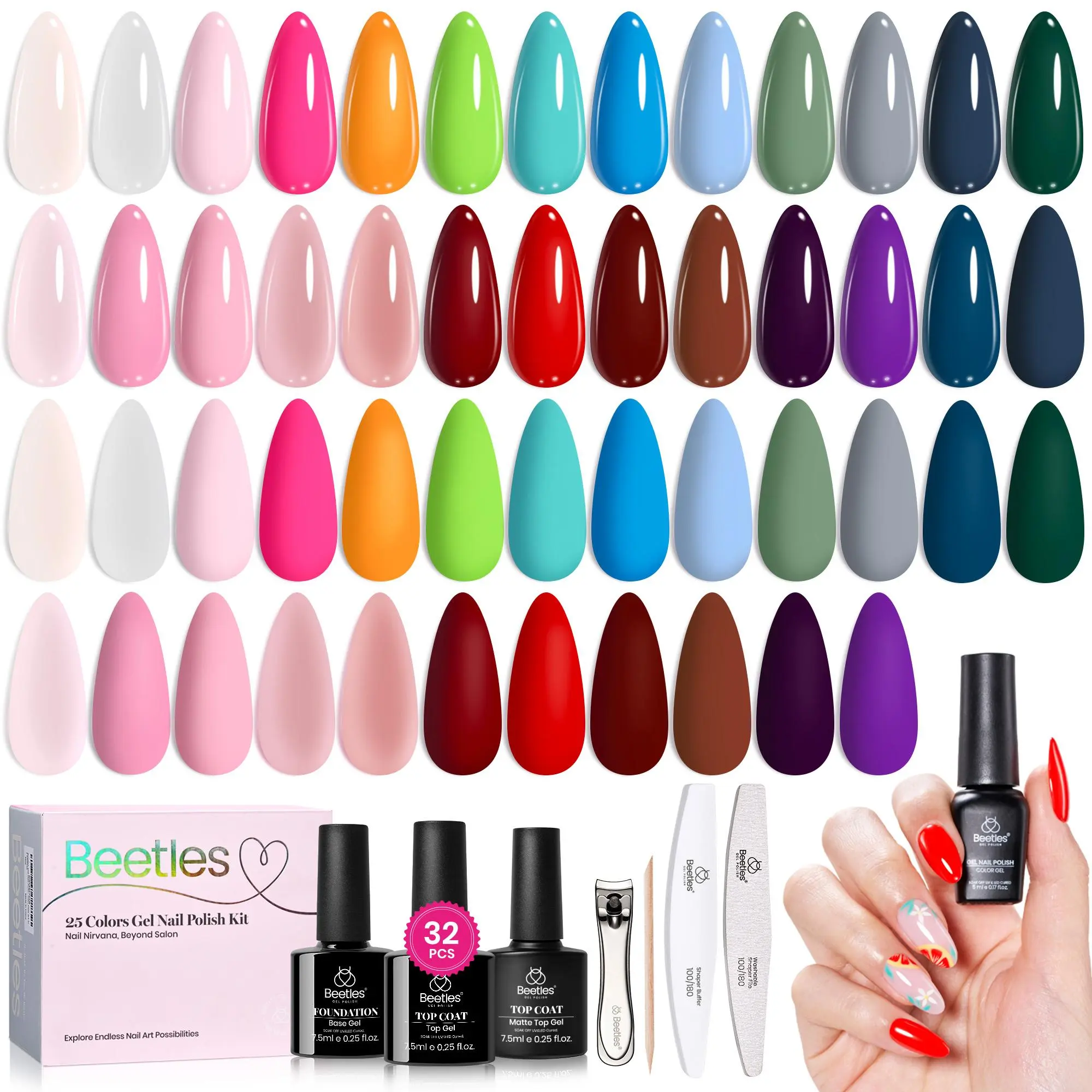 Beetles Season Palette Gel Nail Polish Set, 32pcs with 25 Colors Soak-Off UV Gel with Base, Glossy & Matte Top Coat, Nail Accessories, DIY Nail Art, Diy French Manicure Gift for Women