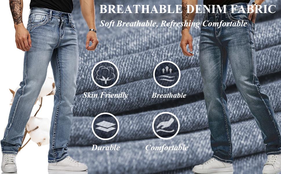 Men's Loose Fit Embroidered Jeans - Cotton Denim Work Pants for Men Everyday Casual Classic Streetwear Style