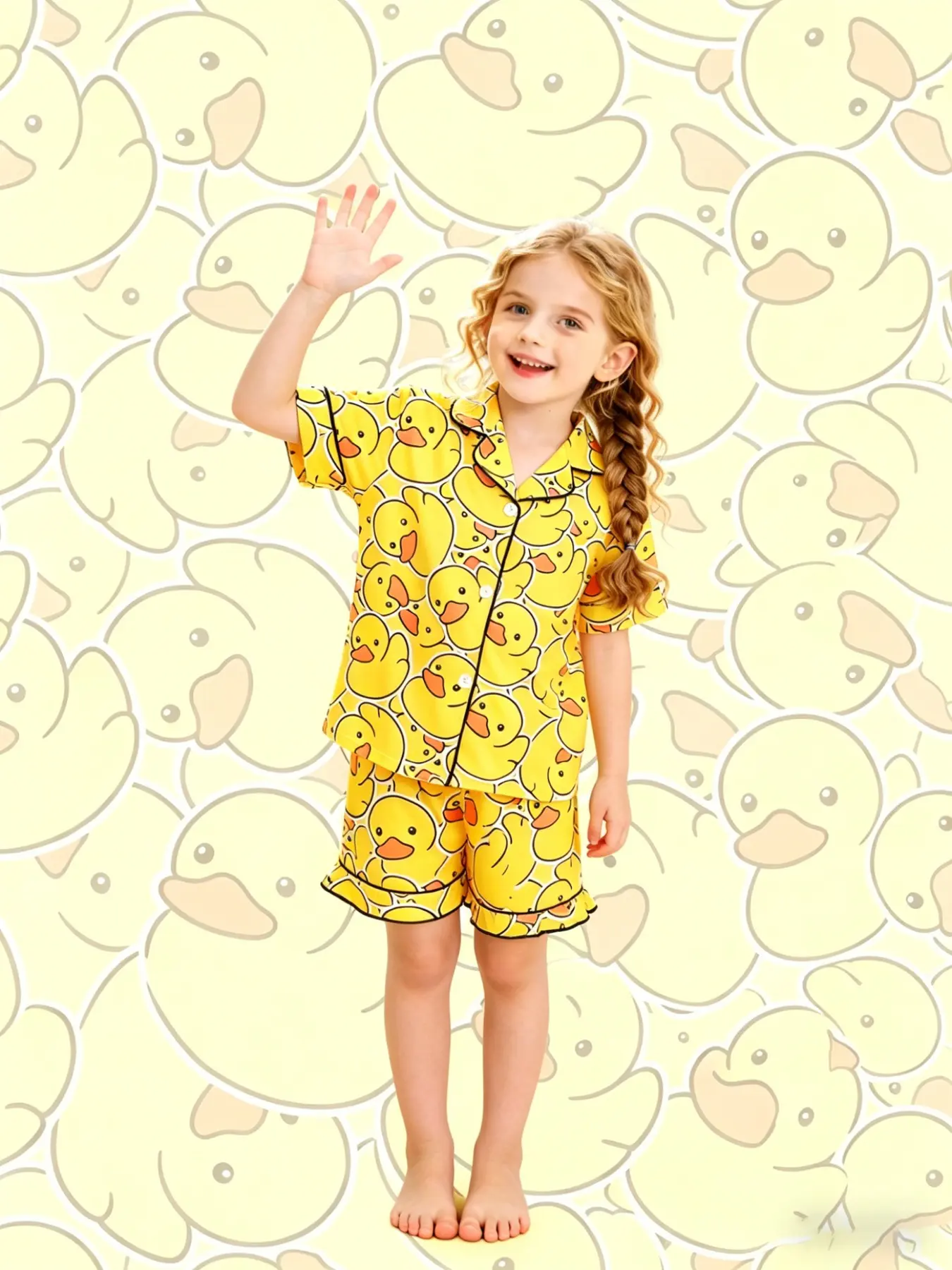 2-piece set of children's yellow bottom small yellow duck pattern printed short sleeved shorts with soft collar design, button closure elastic waistband, home daily casual sleepwear set, Cartoon Print Pajama, Duck Pjs