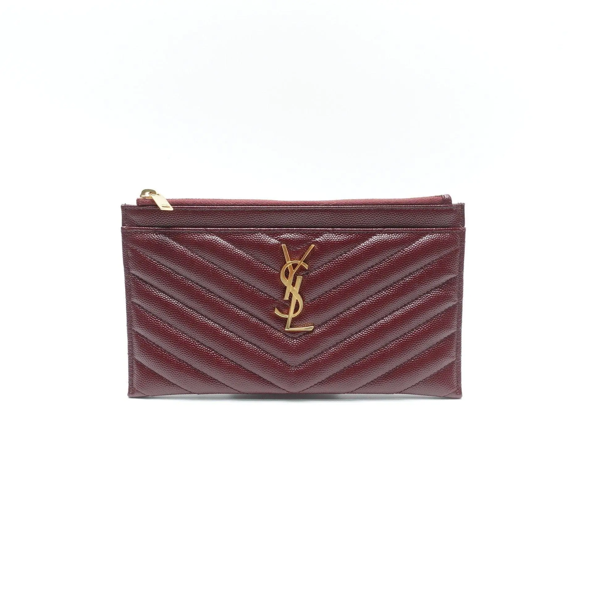 Pre-owned Yves Saint Laurent calfskin Clutch Pouch Saint Laurent Cassandre Burgundy Zip Pouch T10462523