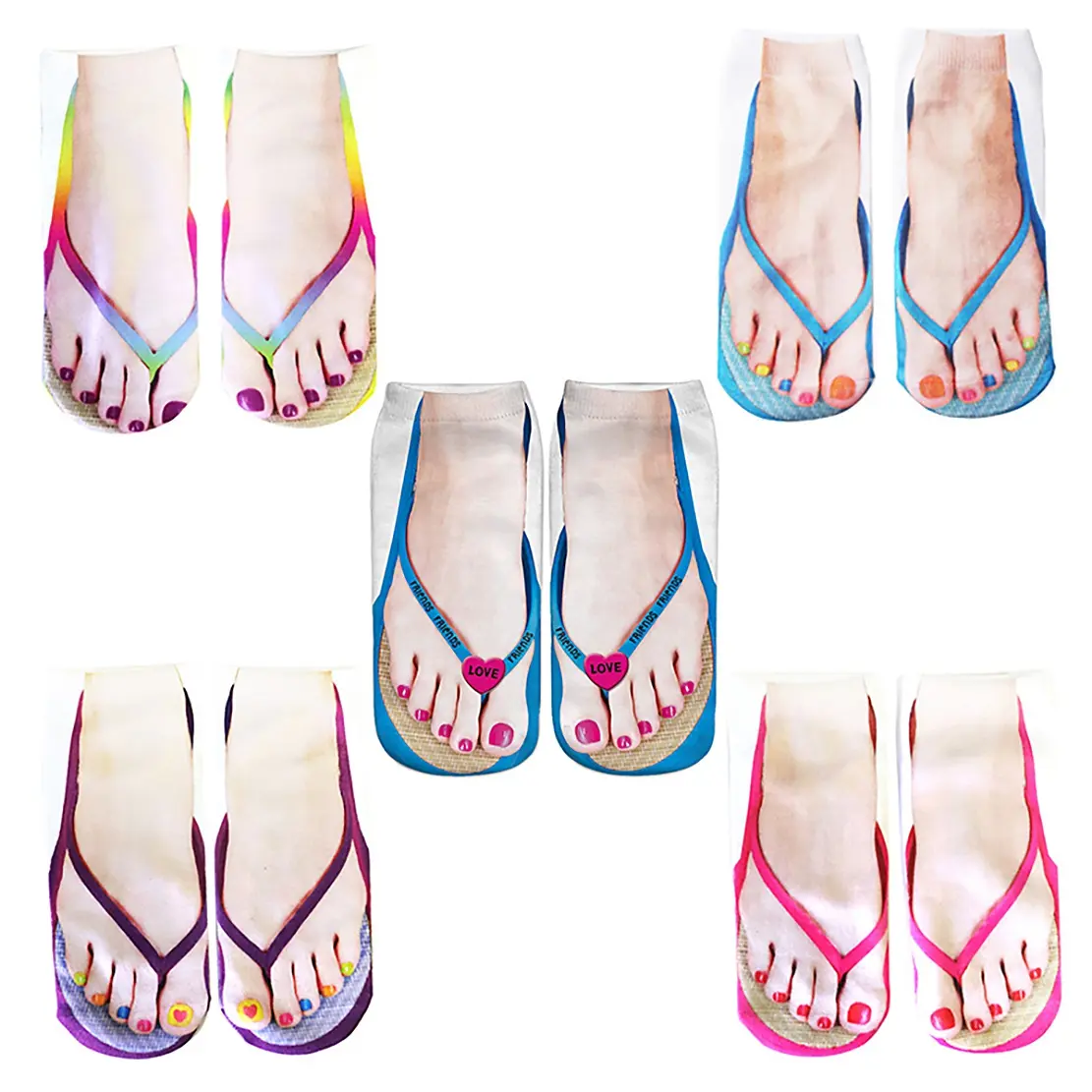 5 Pair Flip Flop Socks 3D Pattern Manicure Print Funny Hidden Comfort Running Socks Women Personalized Low Cut Ankle, Ankle Socks, Accessory