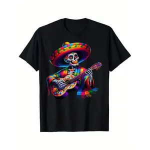 Summer short sleeves t Shirts Funny Cinco De Mayo Skeleton Skull Fiesta Sombreros Guitar T-Shirt
