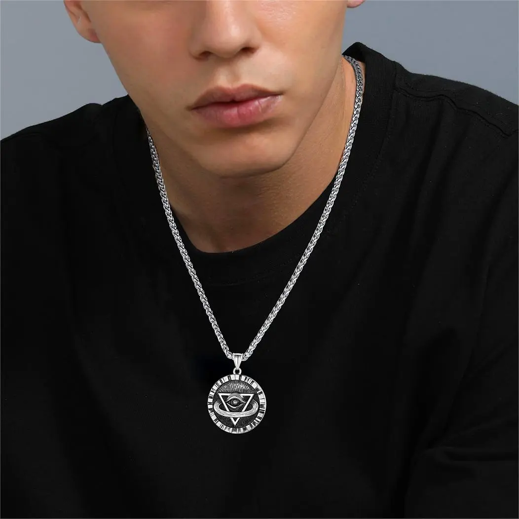 FaithHeart Mystic Masonic Freemason Symbol Stainless Steel Dog Tag Necklace with Ray Inlay, Men's Fashion Jewelry Accessory