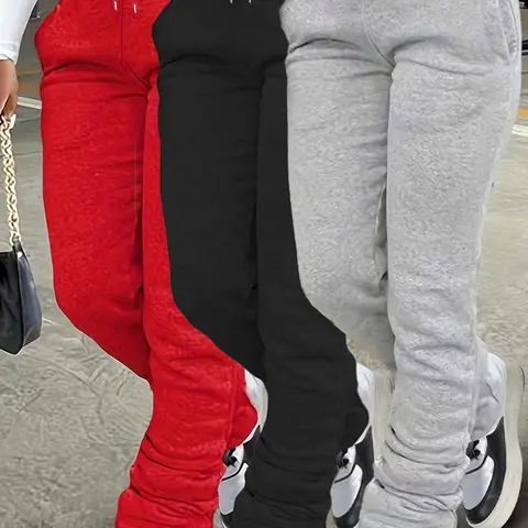 Women's Plain Pocket Drawstring Sweatpants, Casual Comfy Elastic Waist Jogger Pants for Daily Wear, Drawstring Stackable Pants for Tall Girl, Baggy Pants, Athleisure Style Pants, Sweatpants for Women, Ladies Bottoms for All Seasons, Jogger Pants for Women