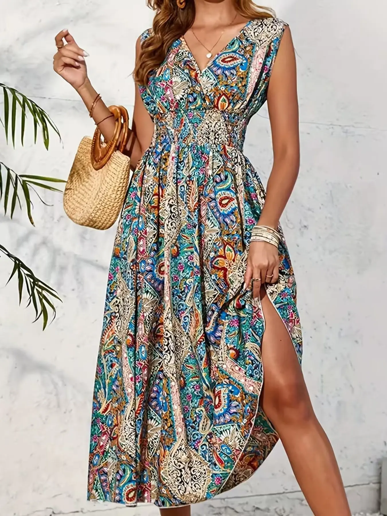 Women's V Neck Bohemian Vintage Print Dress, Casual Wear, Boho, Summer, Elegant Tie Design, Long Short Sleeve, All over Print, Perfect for Daily Travel & Vacation