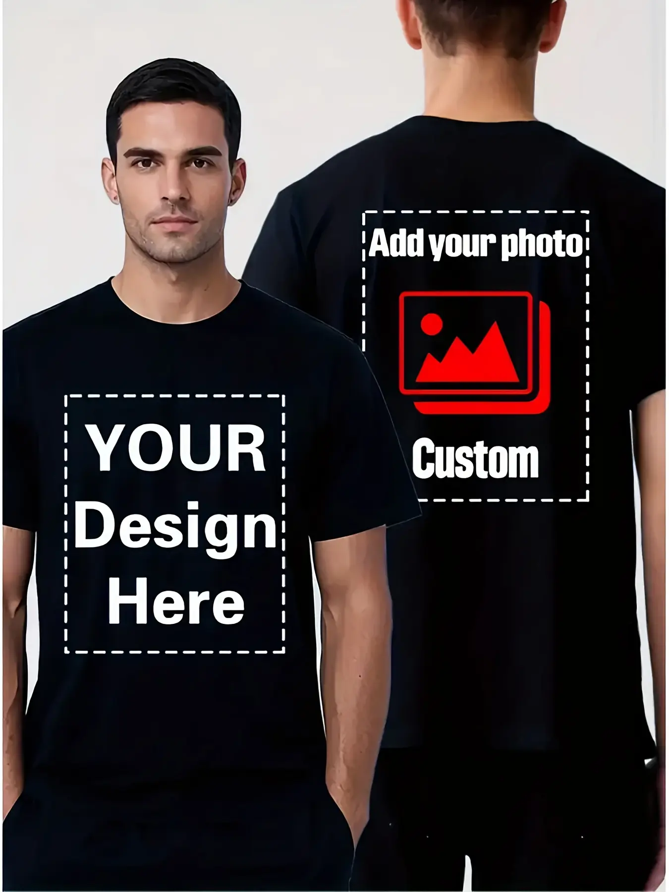 Menswear Short-Sleeve Crew Neck T-Shirt - Custom Personalized Front & Back Double Print, Solid Black Breathable Fabric, Add Your Image/Photo Design, Unisex Adult Classic Casual Fashion Tee, Shortsleeve, Round Neck