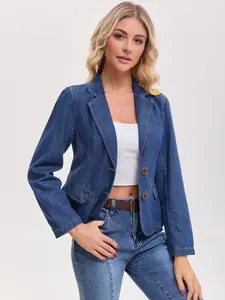 INSPIRE CHIC Women's Denim Jacket Notched Lapel Collar Long Sleeve Button Lightweight Fitted Denim Blazer