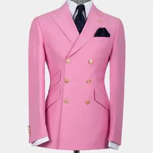 Elegant Pink Double-Breasted 2-Piece Suit and Trouser with Gold Buttons and Pocket Square super 220 made in Turkey