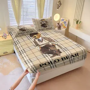 3Pcs Vintage Plaid Polo Bear Fitted Sheet, Ultra Soft Warm Cozy, High-end Bedding Set for Bedroom