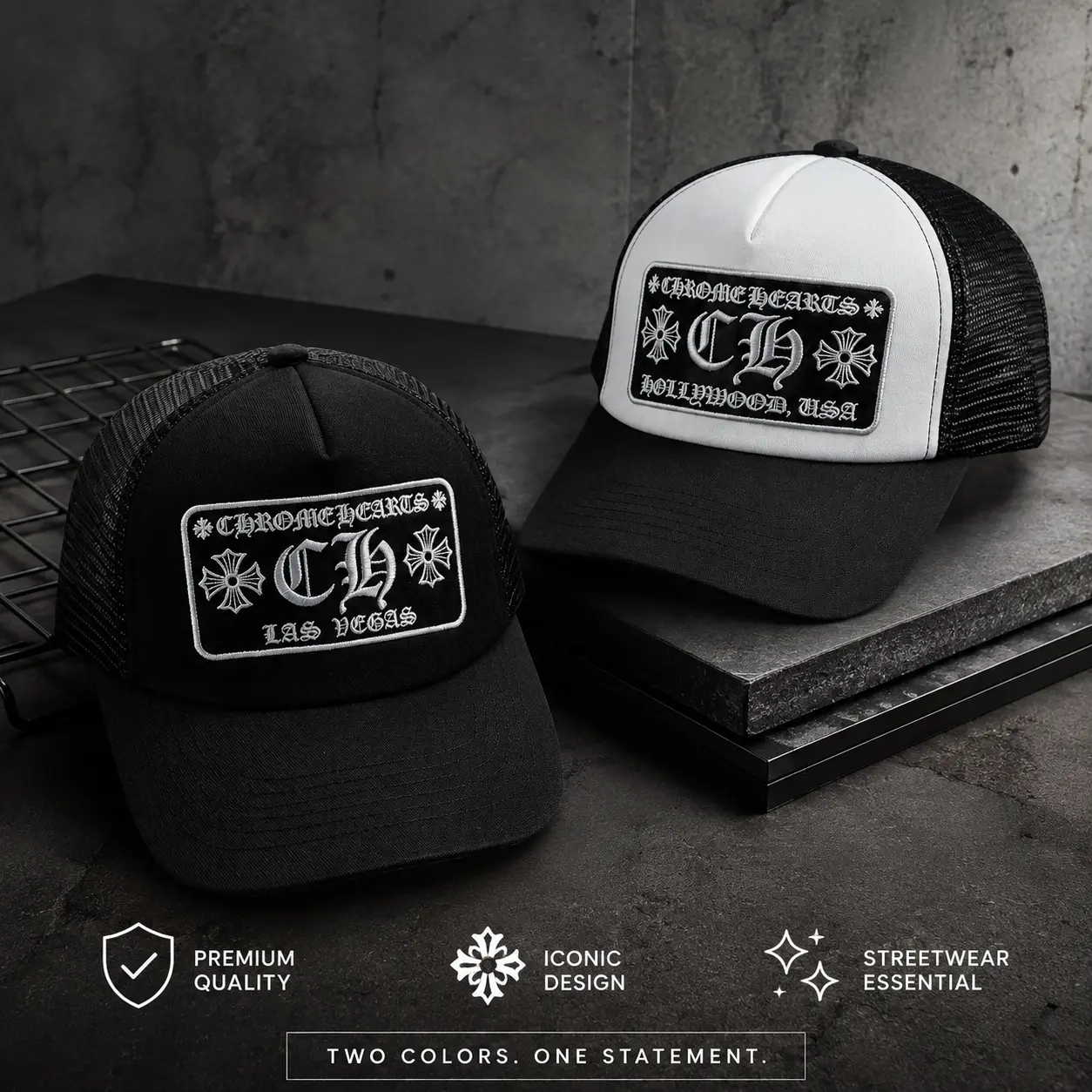 Chrome Hearts Trucker Hat Black & Black White CH Embroidered Patch, Las Vegas Hollywood USA Gothic Mesh Back Snapback Baseball Cap for Men Women, Unisex Streetwear Fashion, Gorras de Béisbol, Hip Hop Y2K Trendy Hat