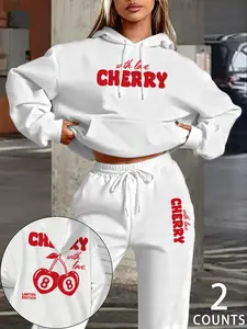 Women's Fall Winter Cherry Letter Print Hoodie and Jogger Pants Set, Outfit, Comfortable Casual Loose Fit, Long Sleeve, Regular Length