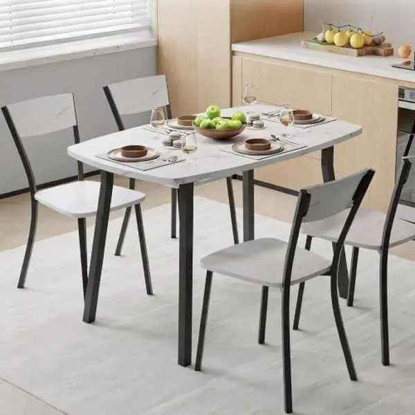 5 Piece Dining Table Set for 4, Marble White 43 Inch Kitchen Table and Chairs, Trapezoid Back Chair, Rounded Corners, Space Saving for Small Space, Dining Room
