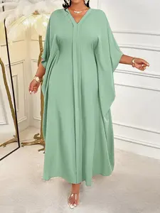Plus Size Oversized Summer Casual Elegant Plain Women's Middle Eastern Loose Dress, Plus Size V Neck Shoulder Padded Inner Tie Wide Fit Dress, Ladies Fashion Summer Dress