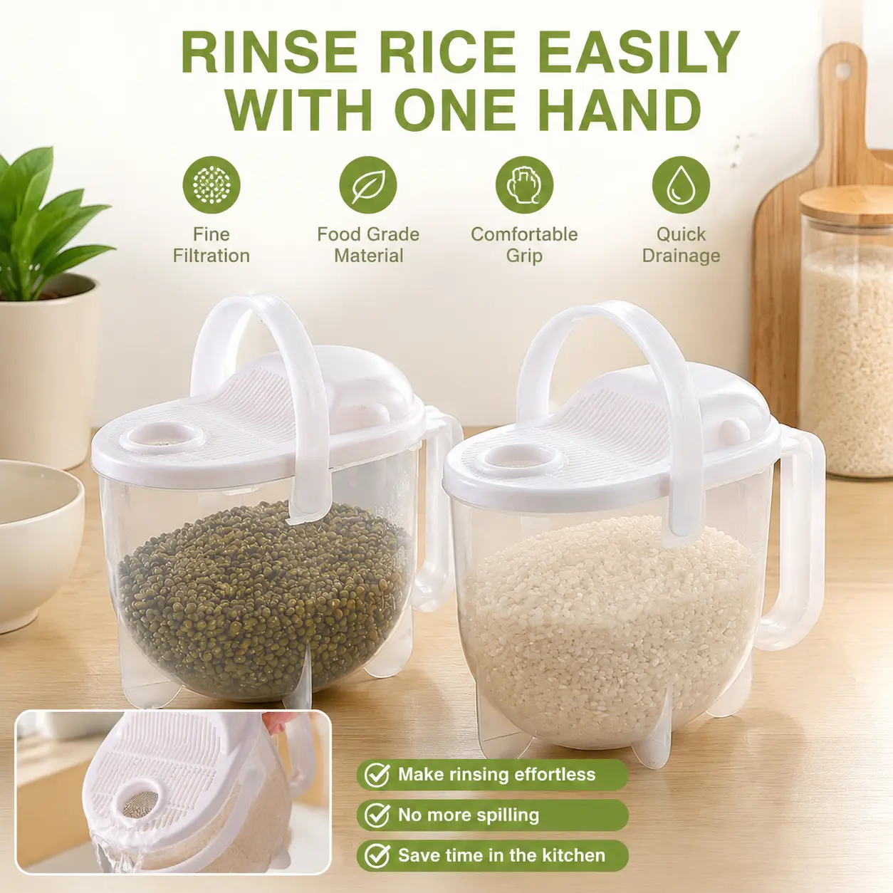 2-Count Plastic Rice Washing Strainer with Comfortable Handle, Fine Dense Holes, Transparent Lid for Kitchen Grain Rinsing, Draining & Utensils Use