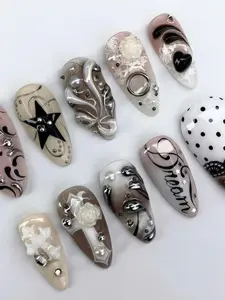 Handmade Neutral 3D Black and Beige Swirl Press On Nails, Dream Nail Art