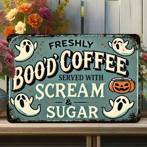 Vintage Aluminum Halloween Coffee Sign ,Retro Metal Wall Art for Home, Kitchen, Office & Garage Decor,Spooky Season Coffee Theme Decor |         Halloween Decorations