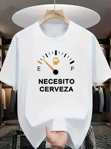 Short-sleeved T-shirt Featuring a Front Print of a Fuel Gauge Needle Pointing to the "beer Empty" Zone and the Spanish Text "NECESITO CERVEZA" (I Need Beer). The Overall Design Is Full of Fun and Creativity