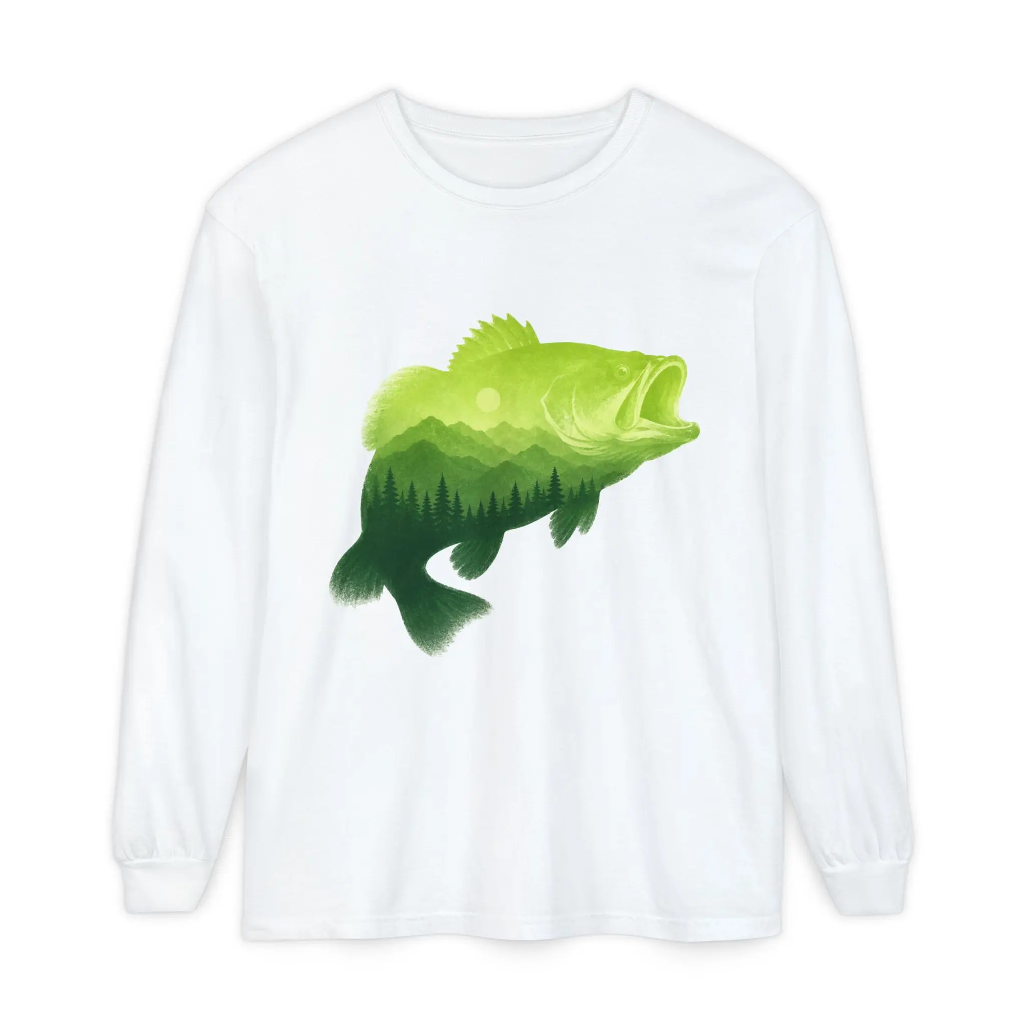Green Bass Long Sleeve Shirt, Fishing Nature Tee, Largemouth Bass Forest Graphic, Outdoorsy Angler Gift, Gildan 2400