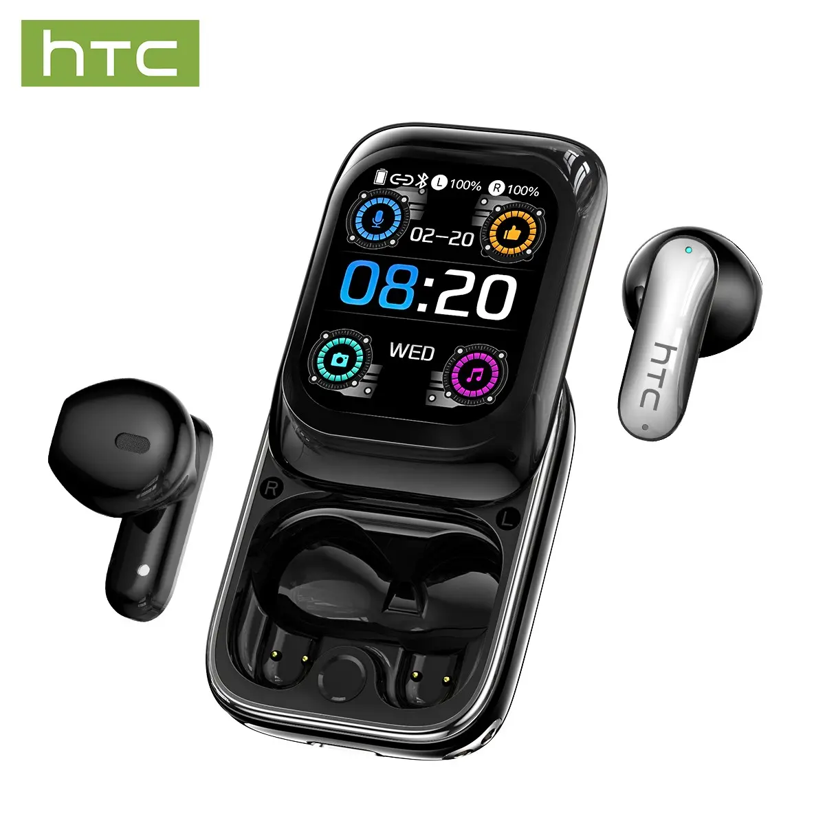 HTC NE48 translation headset, Wireless Earphones, Earbuds True Wireless, Led Display Earbuds, features LED screen, BT 6.0 connectivity, supports 134 languages, IPX5 water resistance, for sports, music playback, calls, with built-in microphone