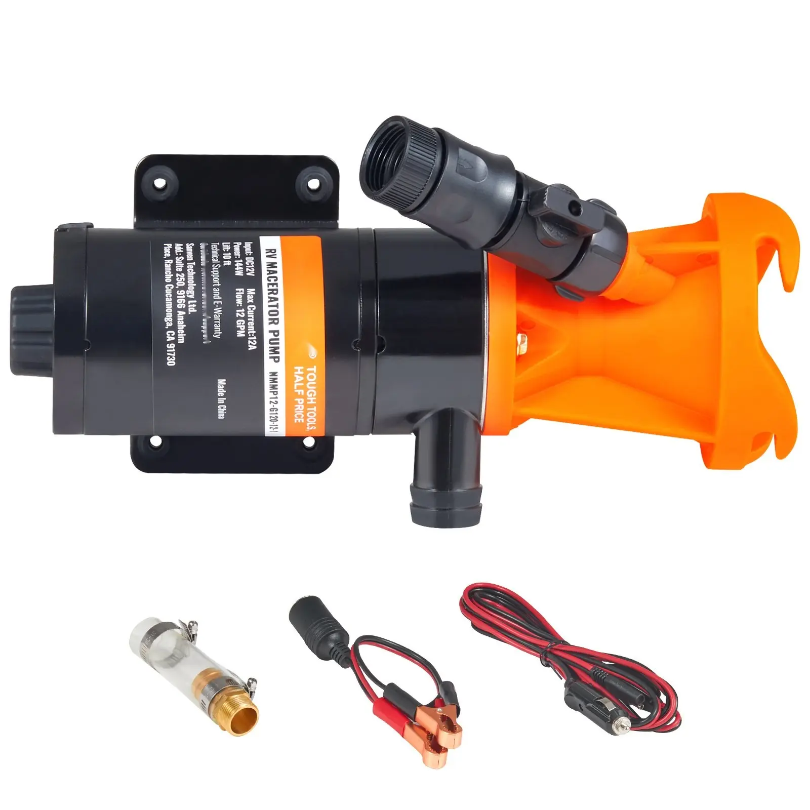 Portable RV Macerator Pump, 12V Operation, 12 GPM Quick-Release Waste Pump for RV Sewage System, Detachable Quick Connection Valve, Metal Hose Clamp, Power Cord Included, Suitable for RV, Boat, Marine, Motorhome, and Camper
