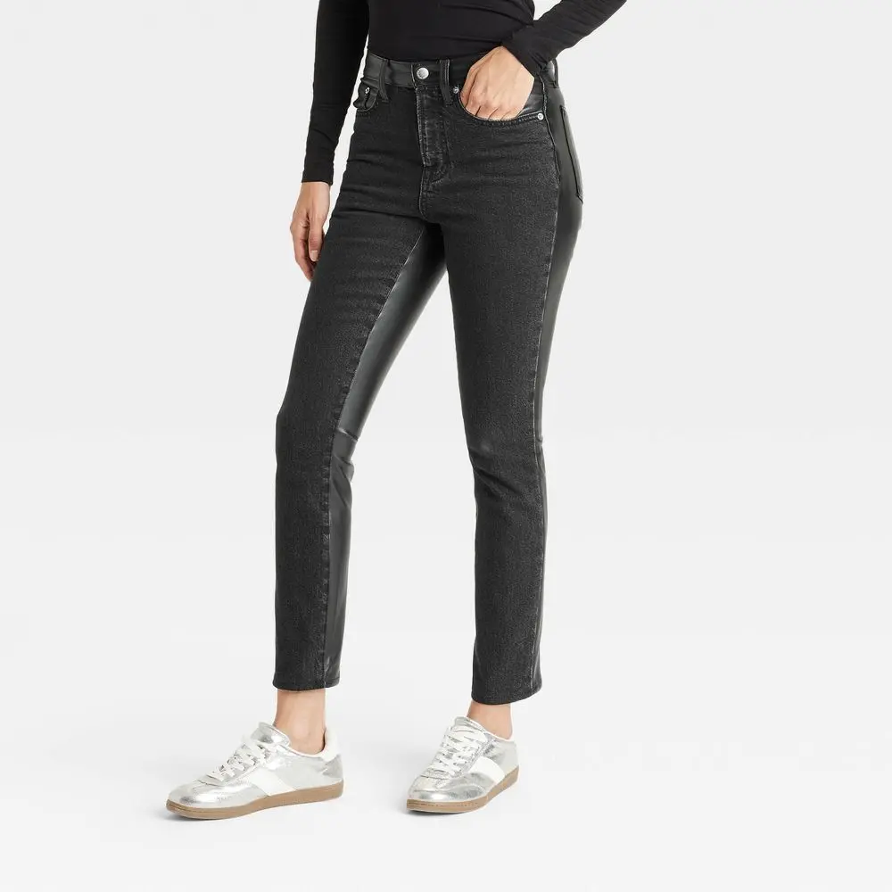 Women's Mid-Rise Faux Leather 80's Slim Jeans - Universal Thread Black 00