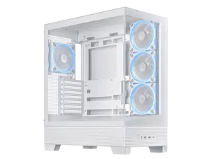 ASUS A31 PLUS White ATX Case offers a panoramic glass design, supports 360mm radiators and 380mm graphics cards, includes four pre-installed ARGB fans, and offers hidden BTF connectors