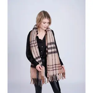 Beige Check Blanket Scarf With Raw Edges And Soft Fabric