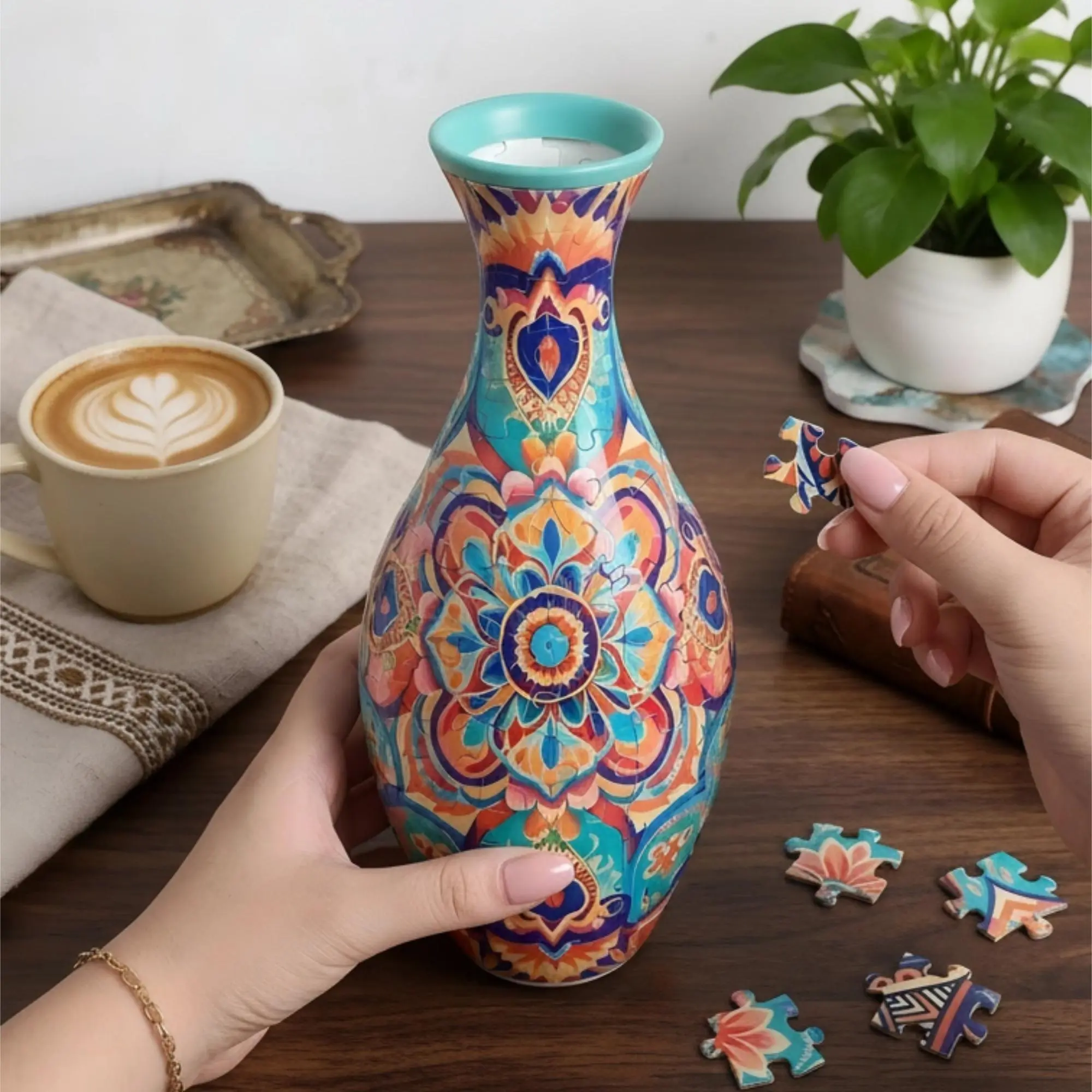 3D Puzzle Vase Building Kit, Bohemian Mandala DIY Flower Vase with Removable Water Cup, Colorful Decorative Home Decor, Creative Gift for Adults & Puzzle Lovers