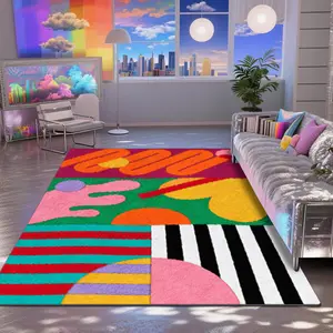 Velvet + soft and comfortable colorful modern art style abstract geometric theme pattern printed carpet, home decoration carpet, living room large carpet sofa cushion entrance mat coffee table mat bedroom carpet bedside mat, Decorative Area Rug