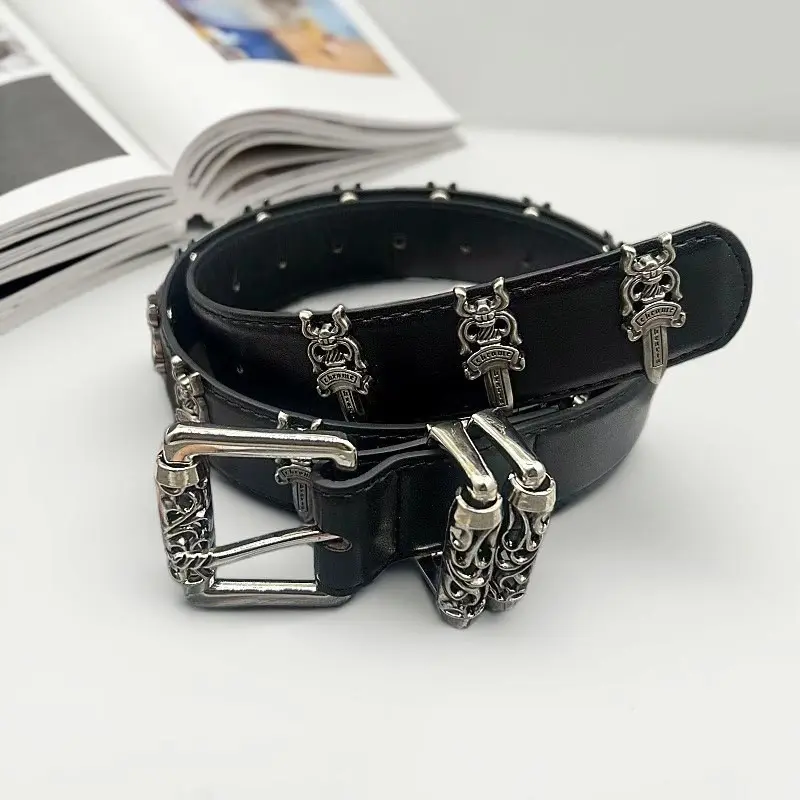 Unisex Black Studded Vine-Carved Cross Buckle Leather Belt - Goth Punk Style, Waistband Fit, Vintage Streetwear Accessory, Quality Leather, 100cm/110cm/120cm, Ideal for Jeans & Gifts (Sports & Outdoor Ball Sports American Football Complement)